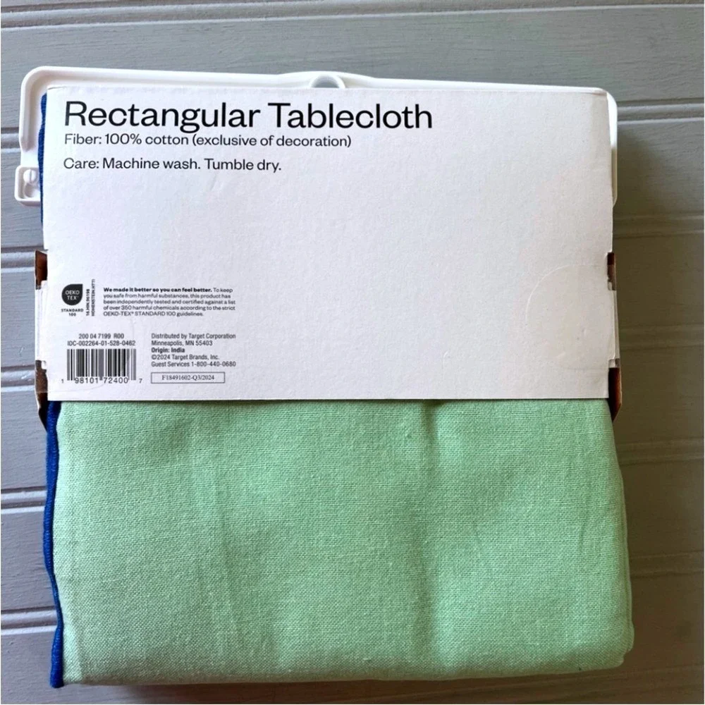 Room Essentials Rectangular Tablecloth Light Green Blue Trim Cotton 60 X 84 New